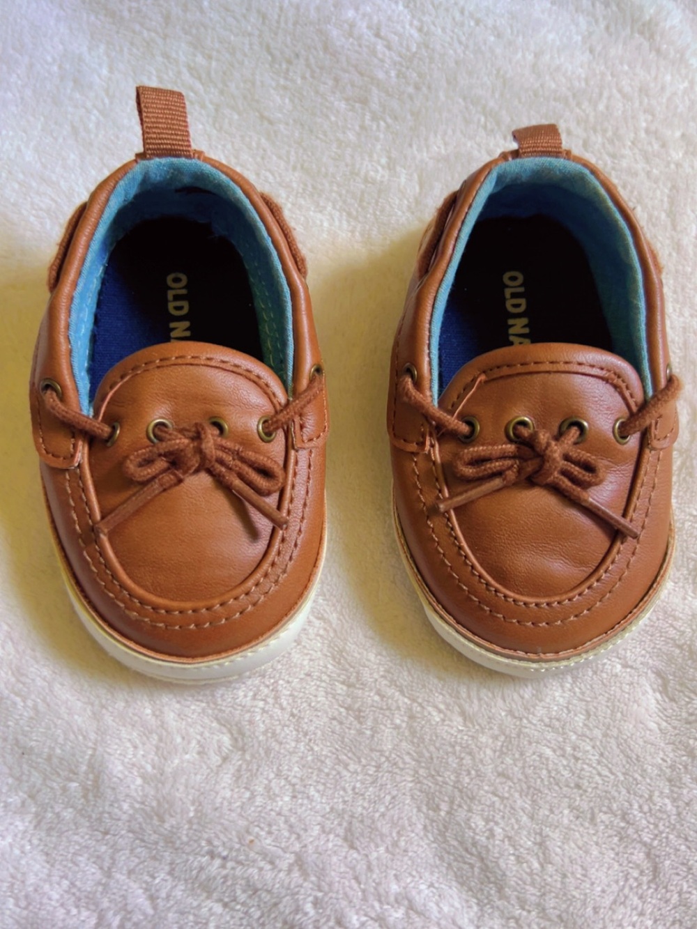 Old Navy Tan Faux-Leather Toddler Boat Shoes with Blue Lining